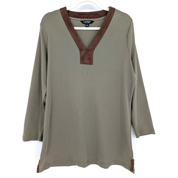Ralph Lauren Olive Green Cotton Suede Trim Tunic Top XL Classic Preppy Heritage - Picture 2 of 10